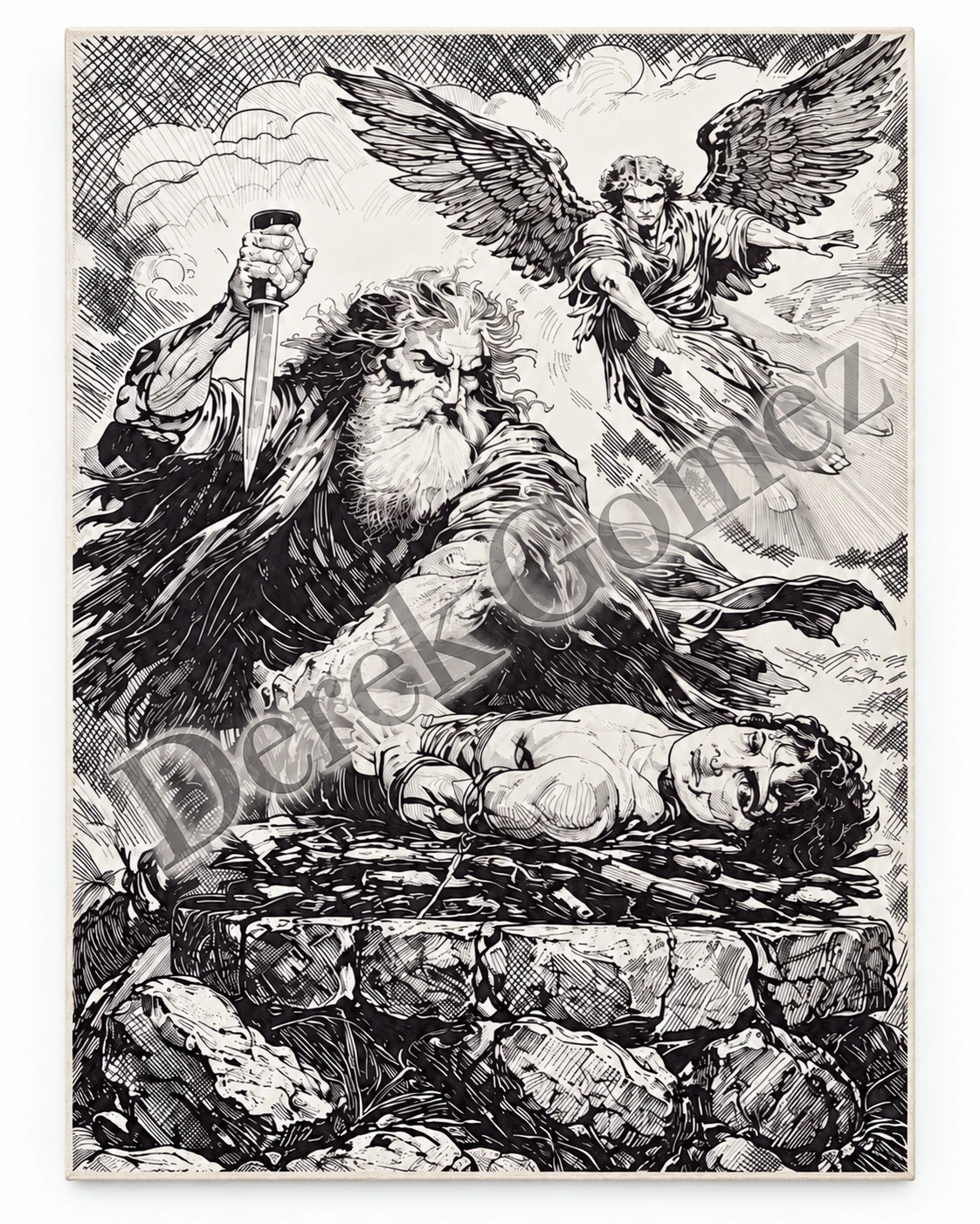Abraham's Obedience to God: a dramatic biblical pen-and-ink illustration with an angel above an altar